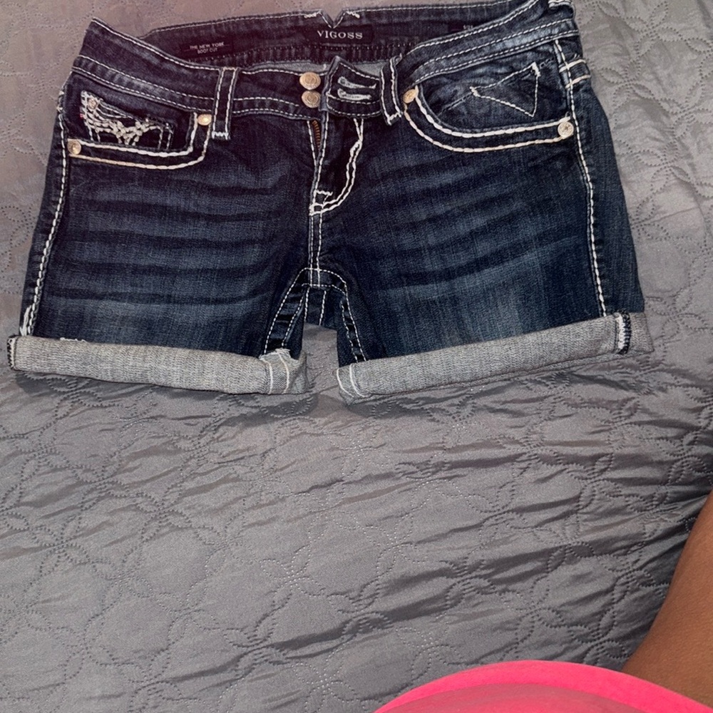 Dark Blue Denim Shorts with White Stitching